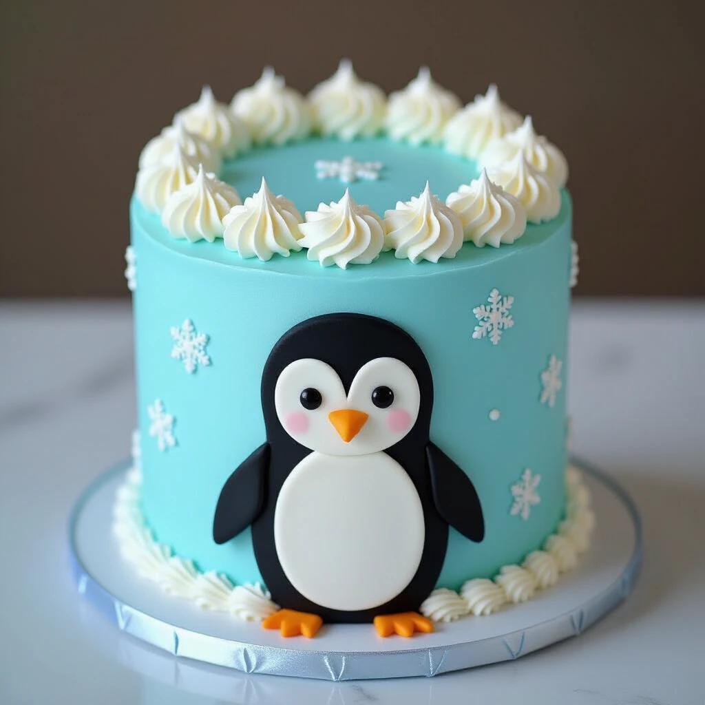 A blue cake features a penguin decoration. The penguin sits below on the cake. White frosting swirls decorate the top. Snowflakes adorn the sides of the cake. Natural lighting highlights the cake's details.