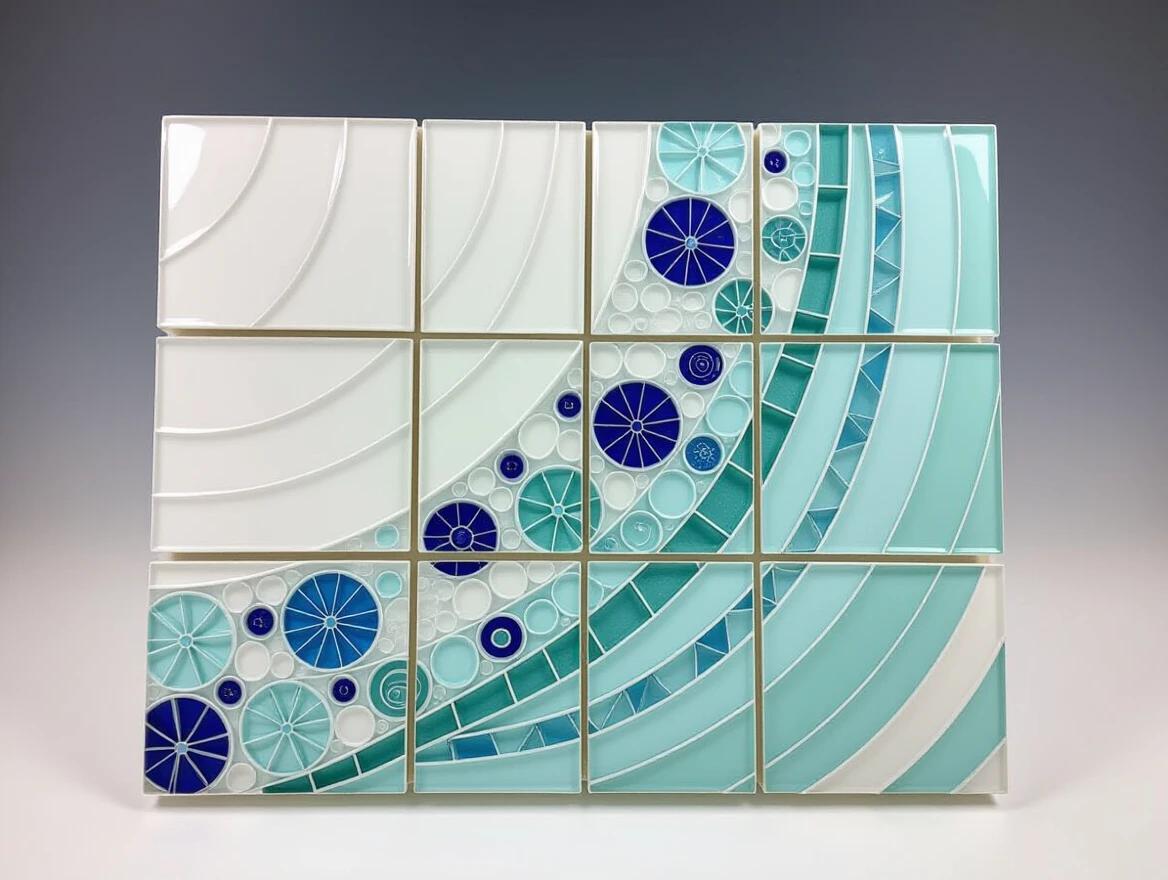 Glamorous 3D ceramic tiles and glass mosaic displayed in an abstract pattern with soft colors. Ethereal and artistic appearance showcased using encaustic mixed media.