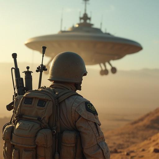 Scene depicts a soldier observing a UFO landing in a desert landscape. The soldier wears tactical gear and carries weapons. A large UFO hovers in the background surrounded by dusty air. The atmosphere is tense and dramatic with a focus on the interaction between the soldier and the mysterious object.