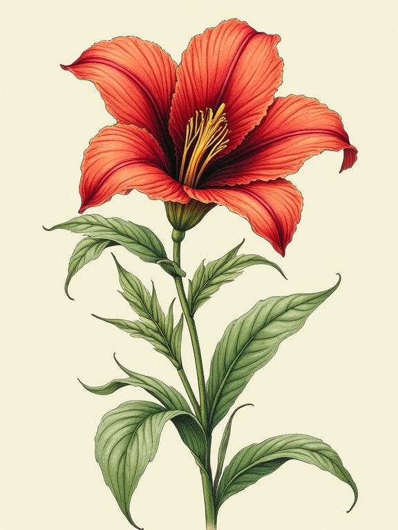 A stunning and detailed illustration of a single Gloriosa flower with intricate petals and green leaves. The flower displays vibrant red coloring with a creamy background enhancing its beauty.