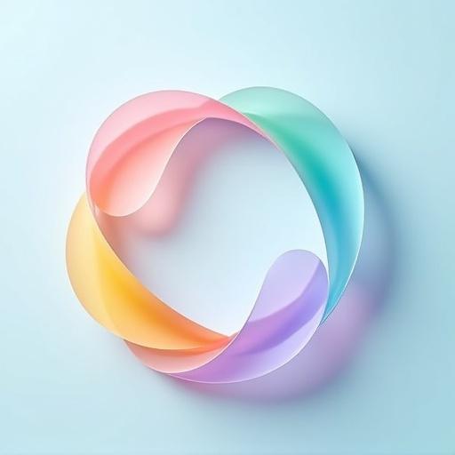 Futuristic abstract poster featuring floating translucent ribbon-like 3D forms arranged in circular motion. Soft glossy surfaces with jelly-like texture in pastel gradient colors such as light sky blue, lilac, coral red, mint green, and soft yellow. Inspired by Korean branding visuals. Central composition allows for headline text. Clean light blue background. High-resolution image in 16:9 ratio. Elegant and vibrant.