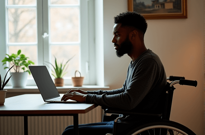 A man in a wheelchair is working on a laptop at a table with plants by the window.