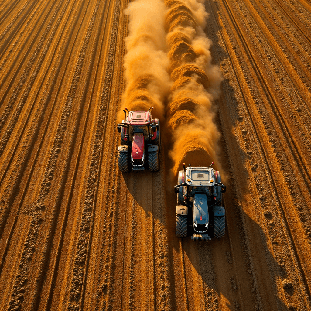 Two tractors plow through a field with dust rising behind them.