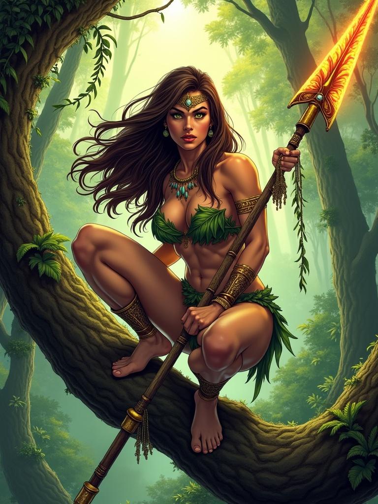 A jungle warrior woman with long hair crouches on a tree branch in a rainforest. She is barefoot and wears a leafy outfit with gold accessories. Her expression shows intensity. She holds a spear with a fiery tip. Sunlight filters through the trees, highlighting her athletic body. The art style is bold and colorful, resembling comic book illustrations.