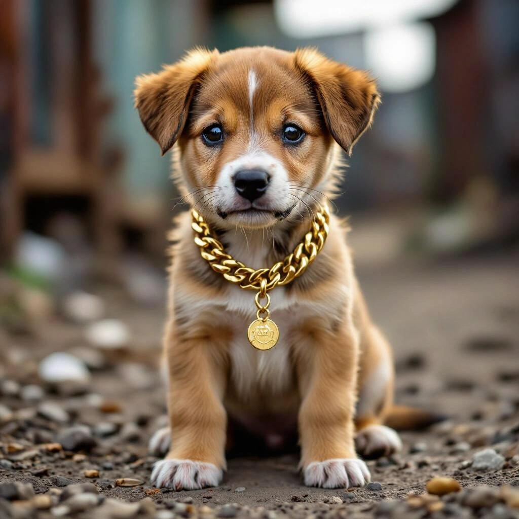 Raw photo features a cute puppy in a junkyard wearing a gold chain necklace. Puppy has playful expression. Background shows a rustic setting with gravel and blurred surroundings.