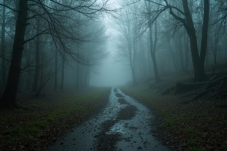 Calm and wet forest after rain. Soft morning light. Winding path through trees.