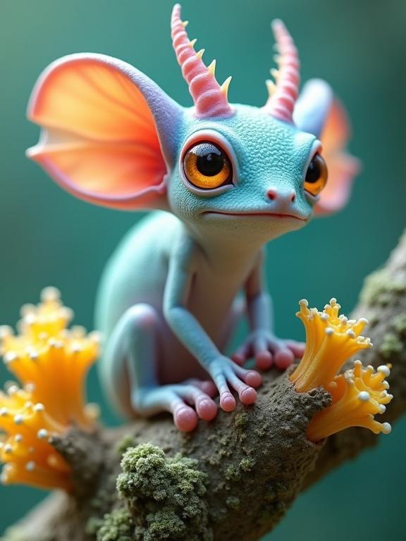 Imaginary creature with pastel skin perched on a textured branch surrounded by bright fungi. High-definition, hyperrealistic detail in a fantasy setting. Creature has big eyes and ear frills, showcasing vibrant colors and intricate textures.