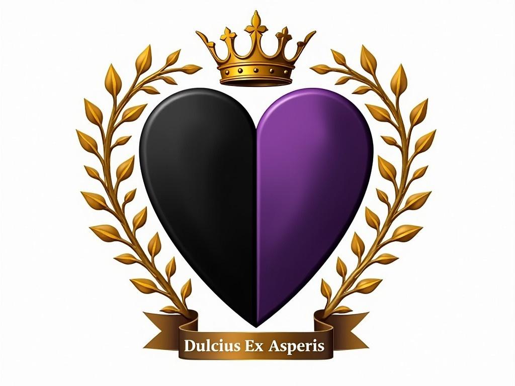 Create a heraldic emblem. The shield should be heart-shaped and divided into two halves. The left half is entirely black, while the right half is dark-violet. Surrounding the heart-shaped shield are intricate gold vines. At the top, place a gold coronet. Below the shield, add a ribbon displaying the motto 'Dulcius Ex Asperis'.