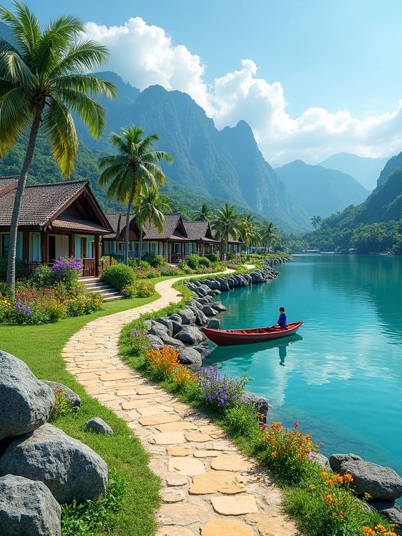 Scenic landscape with winding stone path. Path is narrow, irregular and made of light brown stones along turquoise lake. Flanked by lush green grass and vibrant flower beds of various colors. Traditional houses with dark brown roofs and light blue walls are elevated on wooden stilts. Tall palm trees and tropical greenery provide a backdrop. Foreground features smooth gray rocks and colorful flowers. A small red boat occupied by a person in blue is floating on the lake, reflecting the landscape. Surrounding mountains are steep and green, under a bright blue sky with fluffy white clouds.