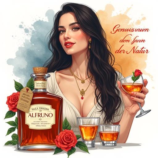 Stylized artistic illustration of a woman with long dark hair and fair skin holding a cocktail glass of amber liqueur. She wears jewelry. The background has watercolor splashes in orange and blue. Lower apothecary-style bottle labeled 'Alfruno' is displayed prominently. Two filled glasses are beside the bottle with decorative roses and green foliage. Text above reads 'Genuss aus dem Garten der Natur' in red.