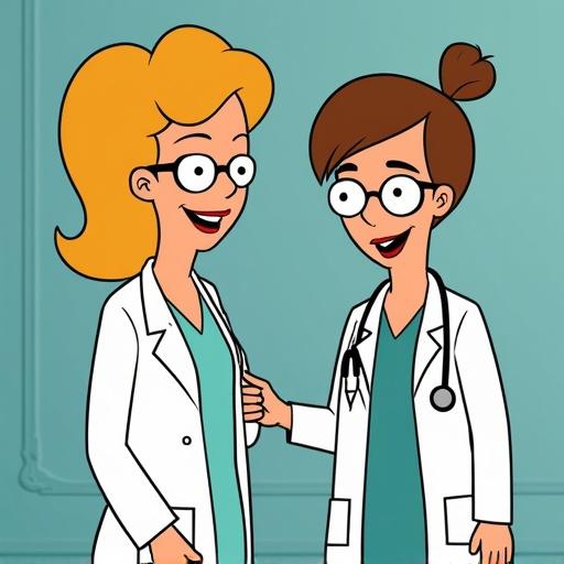 Cartoon characters dressed as doctors in a lab setting. One character has glasses and a smiling expression. They appear friendly and approachable.