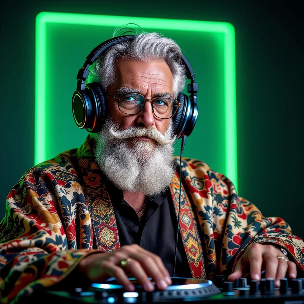 An elderly man DJing on a vinyl turntable. He has a majestic white beard and styled mustache. He wears large studio headphones and a patterned robe. The background features a vibrant neon green square. The atmosphere is modern and artistic. Dramatic lighting highlights his silver hair and textured clothing.