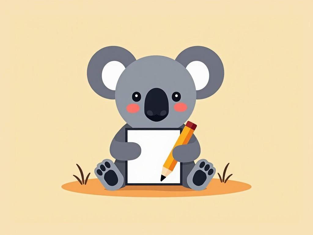 This illustration features a cute koala character engaging in note-taking. The koala is depicted in a flat, 2D style, showcasing its large ears and cheerful expression. It holds a pencil in one paw and a blank notepad in the other, capturing a playful moment. The background is a sandy color, providing a warm, inviting setting. This design is perfect for educational materials or children's content.