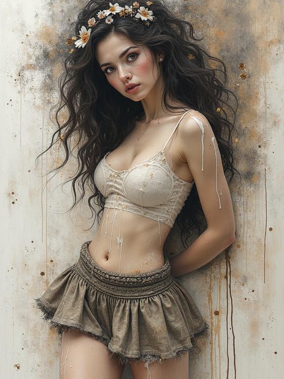Oil splashed fantasy with thick textured impasto. Mixed media piece featuring splashed milk, collage elements like newspaper and wood. A close-up of a pinup girl in a short skirt looking directly at the camera. Hyper-detailed sketch style with Sin City contrast.