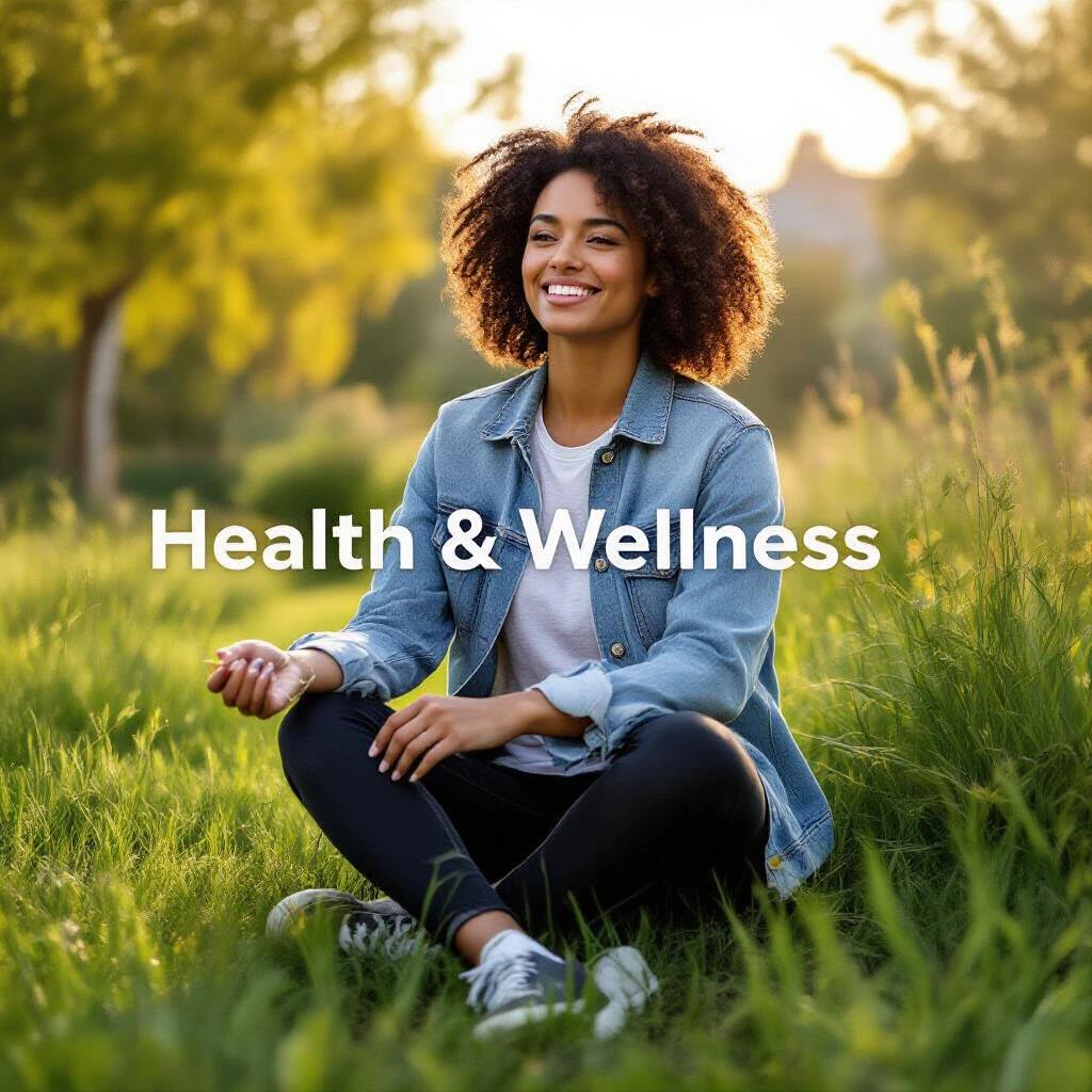 Person sits cross-legged on grass in a natural setting. The atmosphere is peaceful and serene. The person practices meditation with a calm presence. Soft sunlight illuminates the scene, creating a warm glow. A focus on health and wellness in a tranquil environment.
