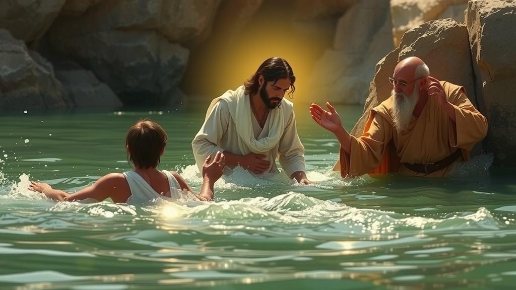 A spiritual baptism scene with three individuals in a tranquil river setting, featuring symbolic gestures and expressions of reverence.