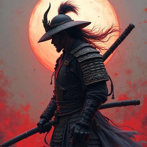 A warrior standing confidently against a large red sun. The figure wears ornate armor and holds a sword. The scene is dramatic with a fantasy theme.