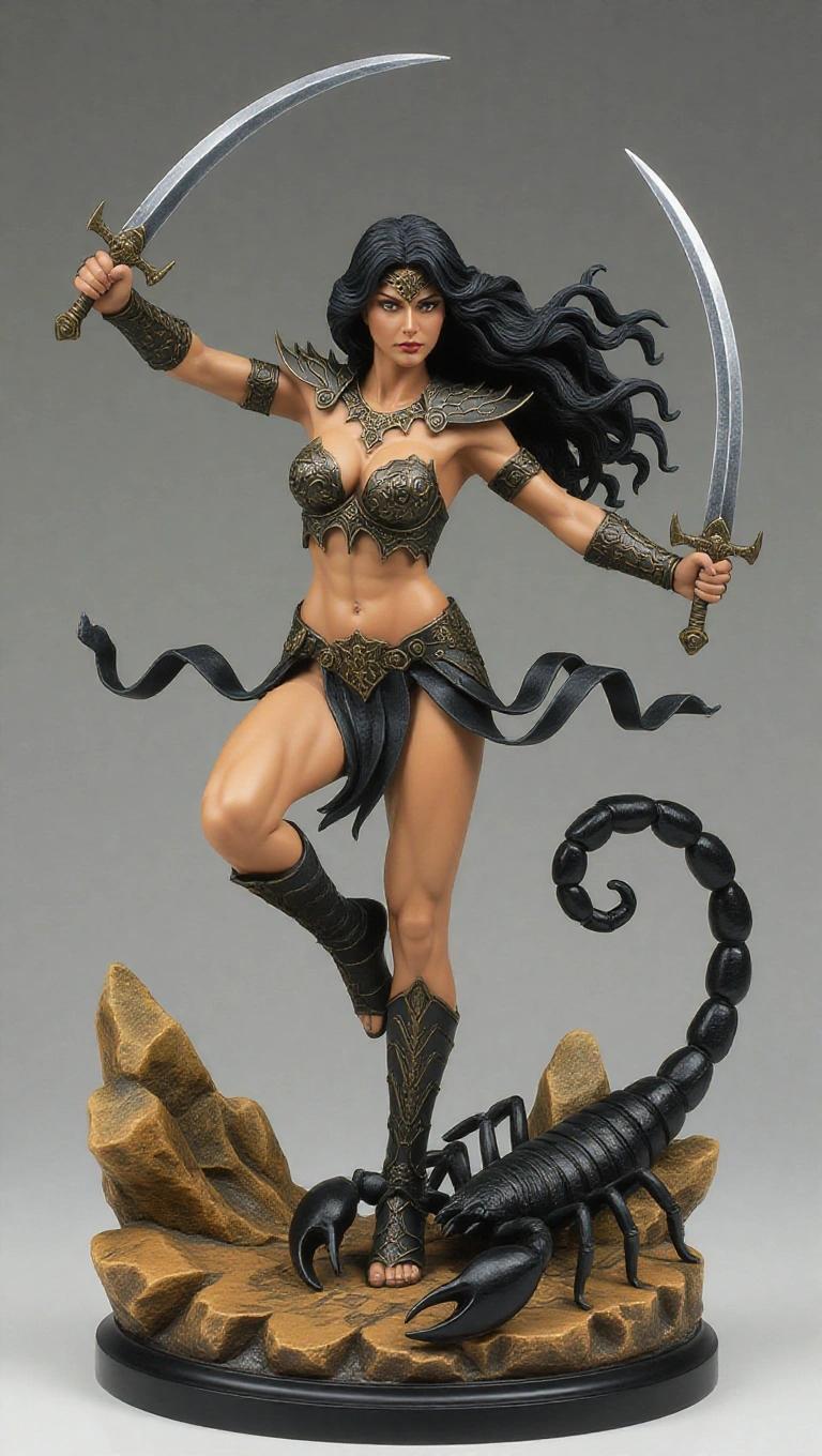 Resin sculpture of a Scorpio-inspired goddess with a muscular body. Dynamic pose with legs spread and flowing hair. Holds two curved daggers crossed above her head. Fierce expression with dark armor. Large scorpion tail at her waist. Stands on rocky base in an epic atmosphere. Highly detailed style suitable for Zodiac Queens collection.