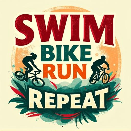 Vintage design with bold text. The text says 'SWIM BIKE RUN REPEAT'. Illustrations of a cyclist and swimmer are included. Abstract shapes and leaves surround the text. Energetic and motivational style.