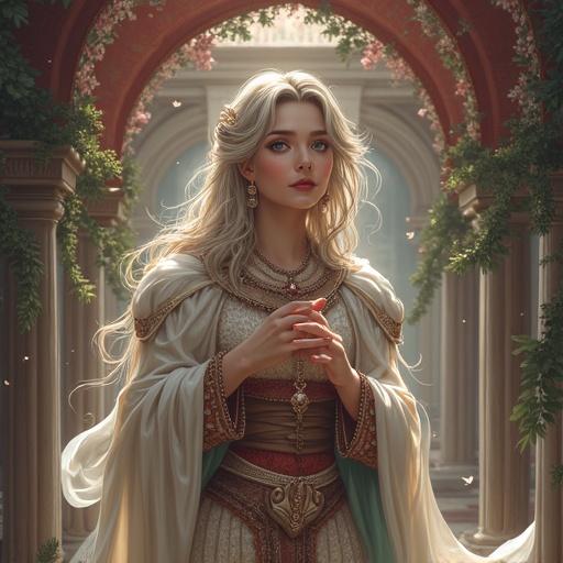 A fantasy character with long blonde hair in an ornate costume stands in an ethereal setting. Surrounding architecture features arches and greenery with soft, magical lighting.
