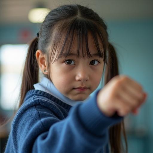 Schoolgirl looking directly at the viewer. Clenching fist in a fighting stance. Wearing blue jumper. Ready to fight with bare fists.