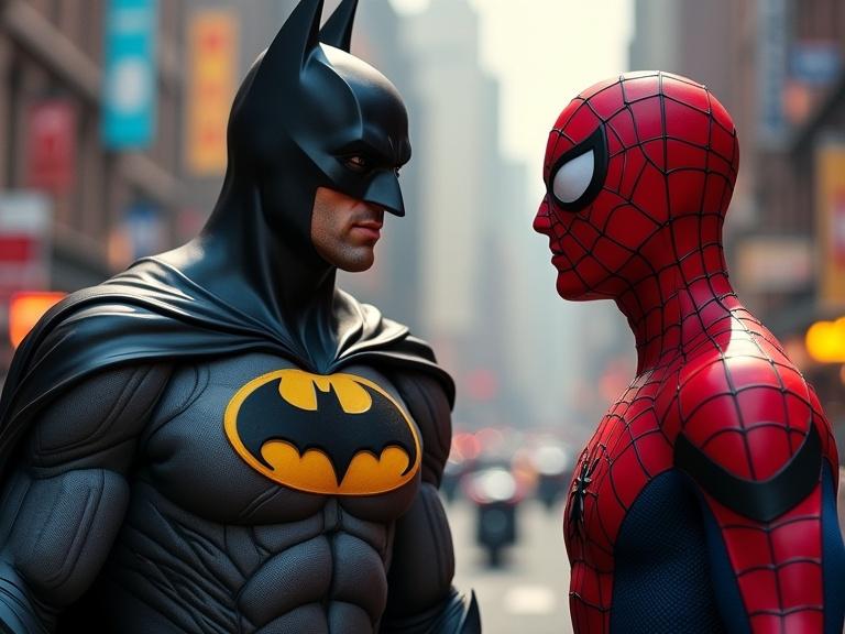 Batman and Spider-Man in a lively conversation and laughing. Street filled with blurred urban background. Heroes in costume facing each other passionately.