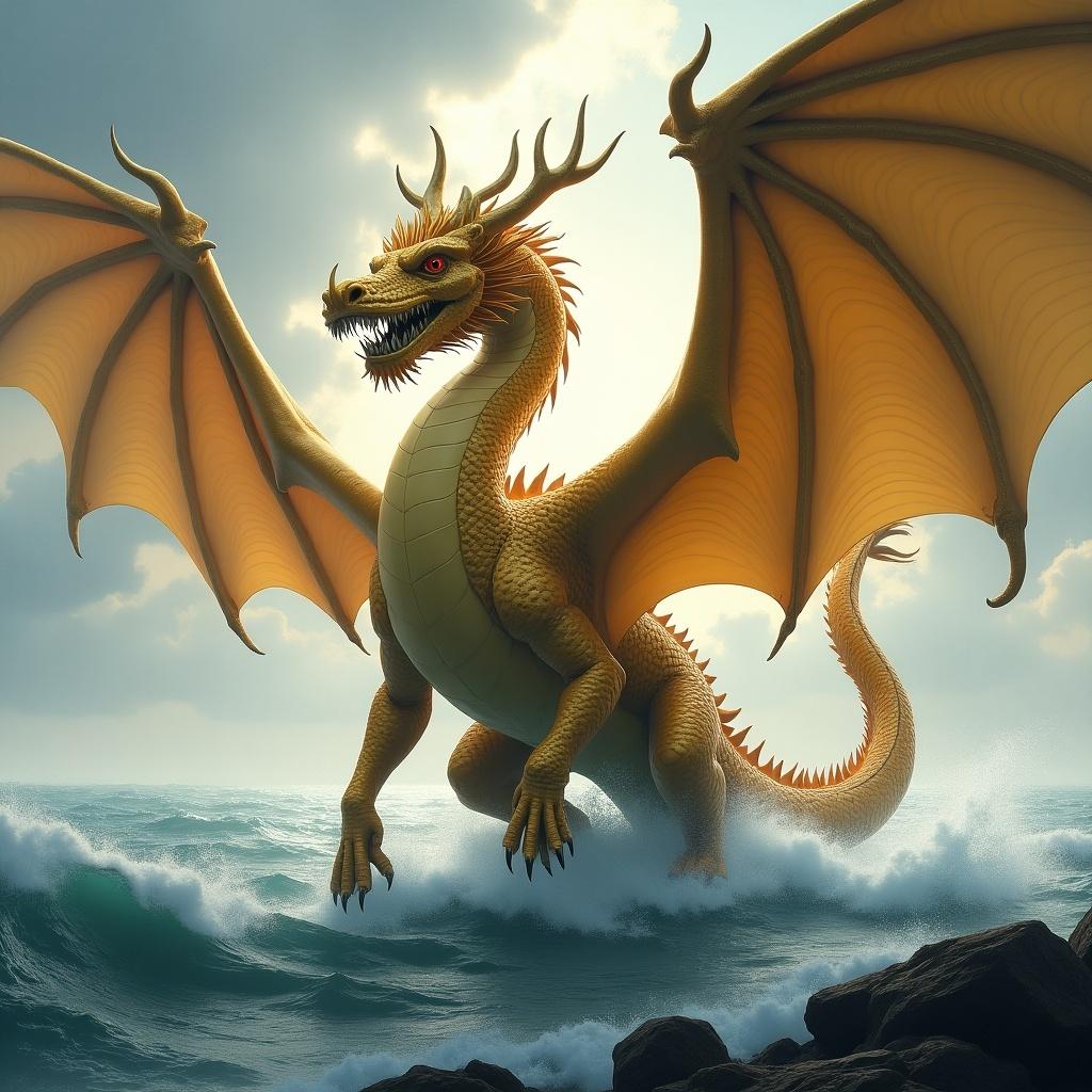 The image portrays a majestic golden dragon, standing at the edge of a turbulent sea. This dragon is characterized by its two powerful legs and three elongated necks, each topped with fierce heads. Its giant bat-like wings spread wide against a backdrop of dramatic skies, evoking a sense of grandeur. The design is heavily inspired by the mythical Yamata no Orochi, an eight-headed dragon from Japan. The scene conveys a mythical battle readiness, as the dragon stands stalwart against the waves, with its two tails billowing in the wind.