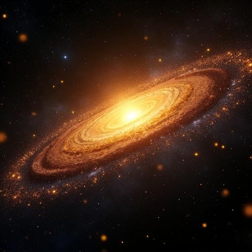 Connected yellow lights forming a huge galaxy. Bright lights swirl around a central core. Dark space background enhances the glow. Cosmic scenery with detailed star field around. Endless universe depicted in vibrant colors.