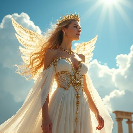 A beautiful woman inspired by Hebe stands under a bright midsummer sky with fluffy clouds. She wears a white and gold gown, flowing layers, and intricate details. Golden clasps shine in the sunlight. Her long hair flows in the breeze. Magical energy swirls around her with light wings near her shoulders. The clear blue sky is sunlit. Celestial temple ruins shimmer subtly. Her skin glows under cinematic lighting with a serene expression. Highly detailed, photorealistic fantasy art with atmospheric composition.