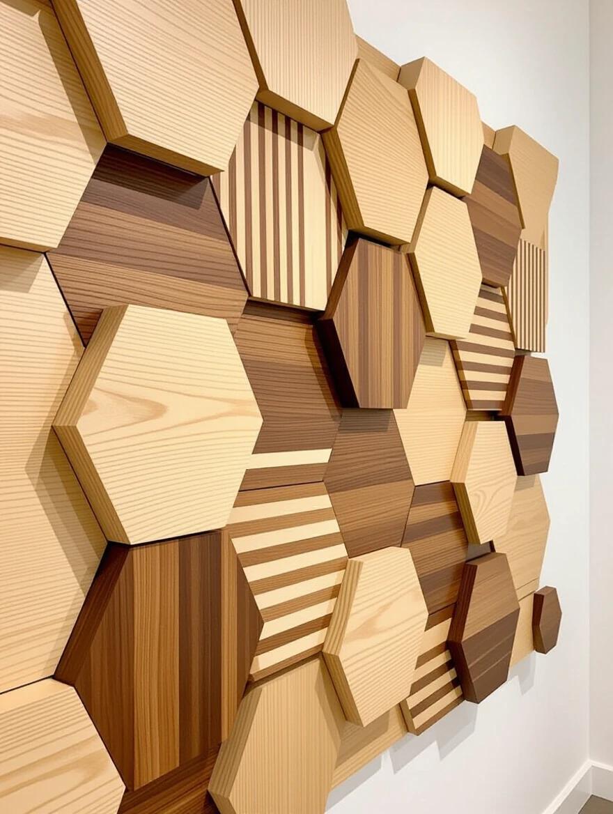 A geometric wall installation with hexagonal wooden blocks made of light maple medium cherry and dark walnut. The blocks are arranged in a honeycomb pattern with linear wooden strips. The design features different depths creating a 3D effect. The wood pieces have natural grain patterns and color variations. The installation is set against a white wall under bright LED lighting. Imaging focuses on the geometric precision and textures of the wood.