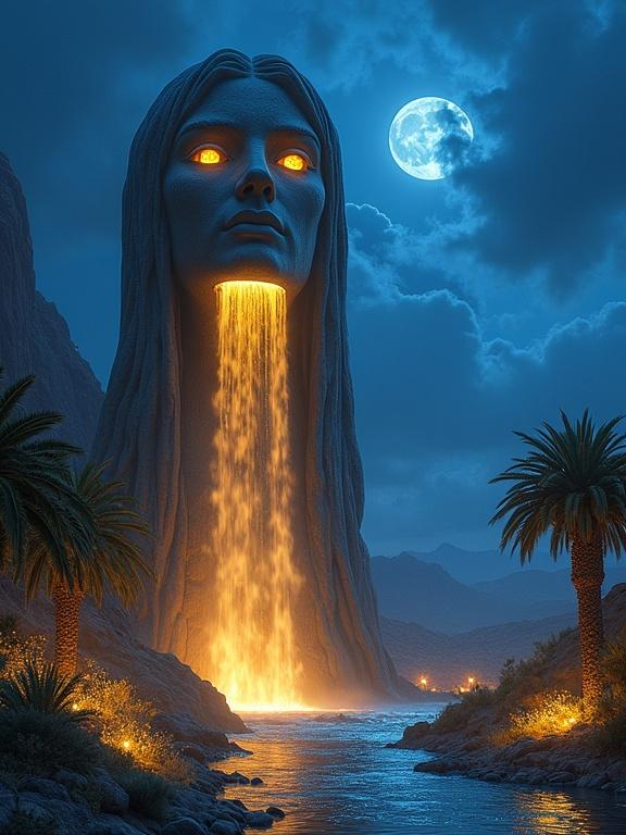 Professional photograph of a massive stone statue of mother nature with waterfalls for eyes falling into a desert oasis with palm trees and glowing flowers at night