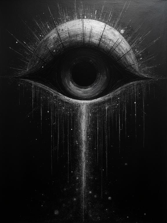 An extremely rough oil painting with a black background. A giant silhouette eye occupies the top half. The cosmic void within radiates downward, filling the lower half with void-like tech shapes.