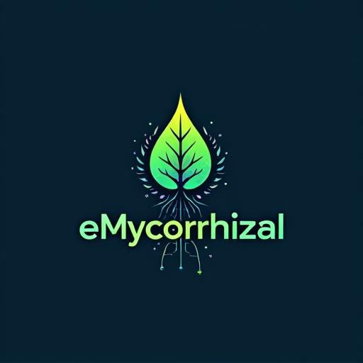 Modern tech-inspired logo for eMycorrhizal. Features a minimalist leaf with a cut-out e and the word Mycorrhizal. e is green, Mycorrhizal deep blue. Roots extend from y and i with glowing dots. Style is futuristic yet organic, focusing on connectivity and intelligence. Uses accent colors yellow, orange, purple, teal. Designed for versatility on light and dark backgrounds.