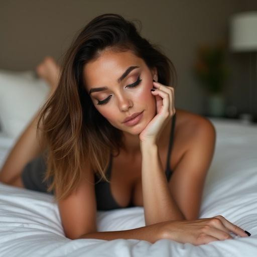 Portrait of a beautiful woman with glamorous makeup lying on a bed. She is wearing shorts and a tiny shirt. Focus on her relaxed pose and facial expression.