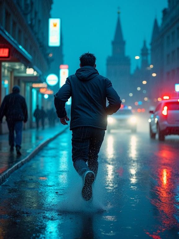 Photorealistic cinematic shot of a dark-haired man sprinting away from the camera through Moscow's rain-soaked streets. Blue neon storefronts reflect in puddles. Distant Kremlin spires pierce the stormy sky. Breath forms mist clouds in cold air. Security camera lights blink red nearby as blurred police sirens approach through the rain.