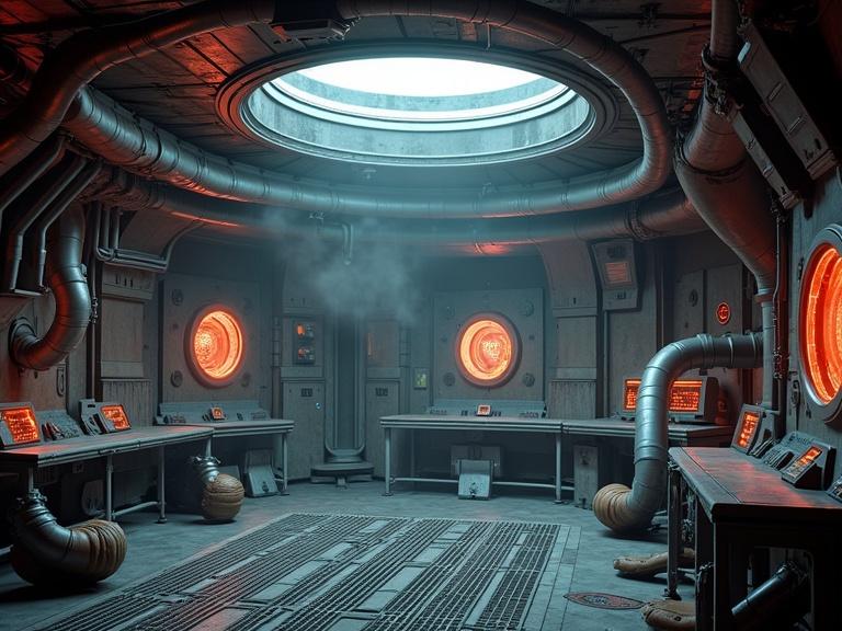 dark atmospheric cinematic sci-fi alien ship interior with flexible metal pipes and thick silver wires. Features organic oval monitors and reddish orange LED lights with steam.