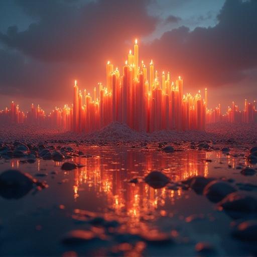 A surreal city skyline built from melting candles. Candles emit a warm glow as wax drips down their sides. The sky is at twilight with deep colors. The scene reflects beautifully on a pool of water in front of the candle city.