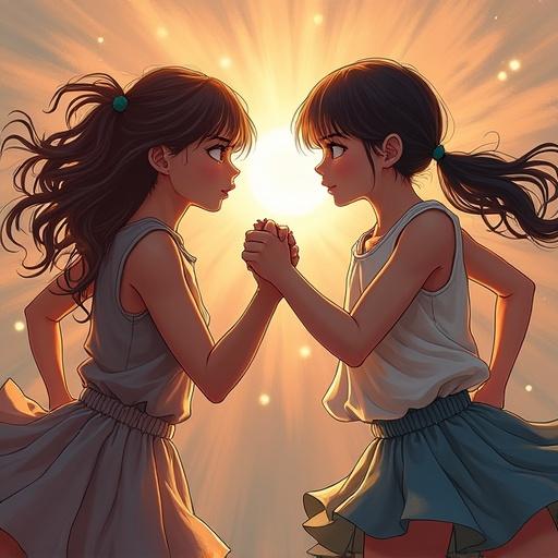 Two girls standing facing each other in a playful manner. They are holding hands and are engaged in a struggle. Warm sunlight shines behind them creating a glowing effect. The scene illustrates a moment of youthful rivalry.