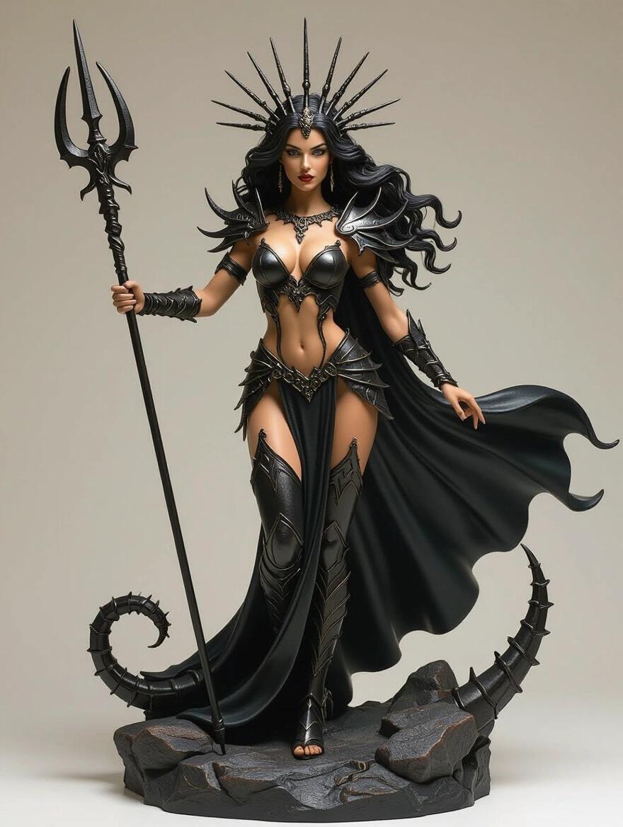 Resin sculpture depicts a goddess inspired by Scorpio. She embodies human features with stylization. Light brown skin and long wavy black hair. Crown made of stinger-shaped spikes. Dark armor resembling a scorpion with sharp details. Dynamic pose as if attacking. Spear or scepter in hand. Base is rocky and reinforces power and beauty. Style is dark, mystical, and cinematic.