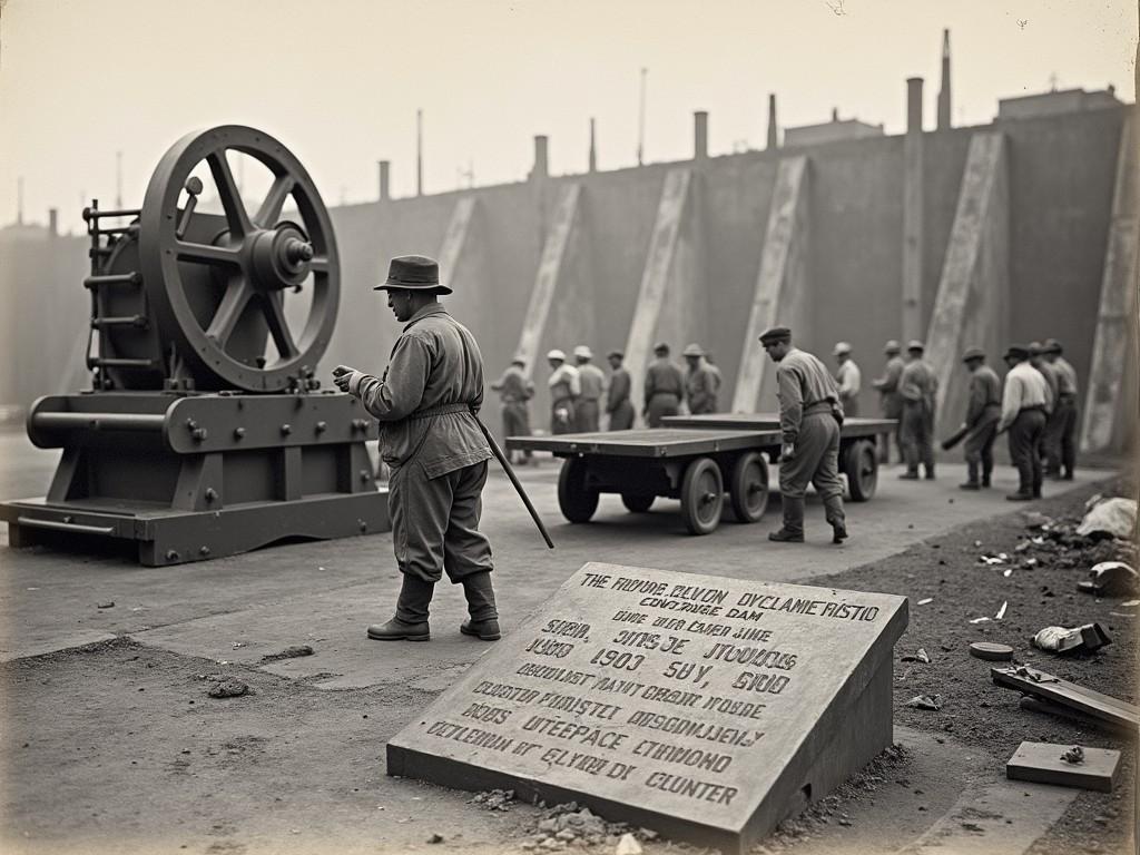 The image features a historical photograph of workers at a construction site, likely related to the construction of a dam. In the foreground, there is heavy machinery, possibly a winch or hoist, signifying the labor-intensive nature of the work. Several workers can be seen in the background moving carts or equipment, indicating a collaborative effort. There are also inscriptions in Dutch and English, commemorating the workers who died during the construction of the Enclosure Dam. The setting appears somber, reflecting the risks associated with such industrial projects.