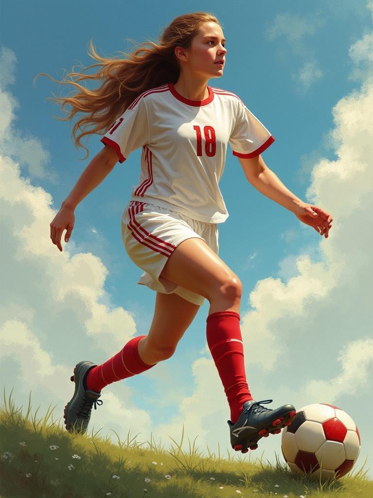 Soccer player wearing a white jersey with red stripes kicking a soccer ball on grass. The player is in mid-action, showcasing athletic prowess. The background shows a bright blue sky with fluffy clouds.