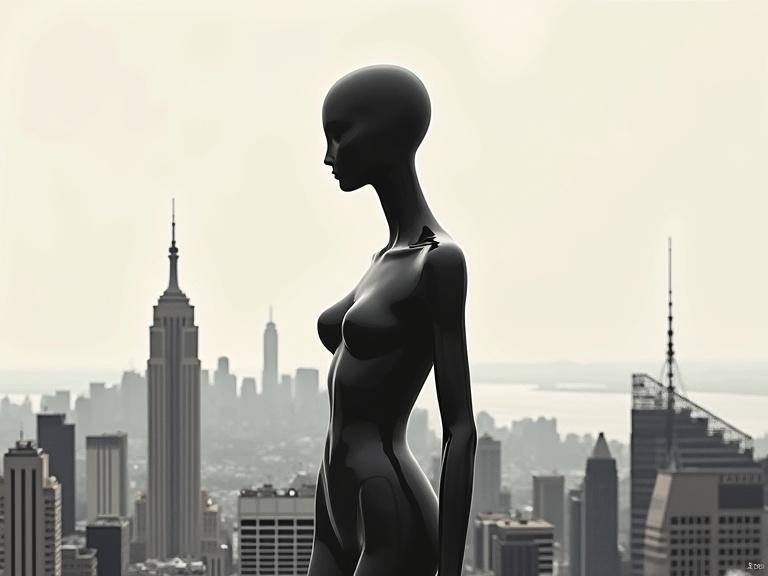 Human form resembling high-fashion mannequin posed against a city skyline. Featureless face and minimalist body. Modern surrealist style with clean negative space. Emotive composition evoking fashion themes.