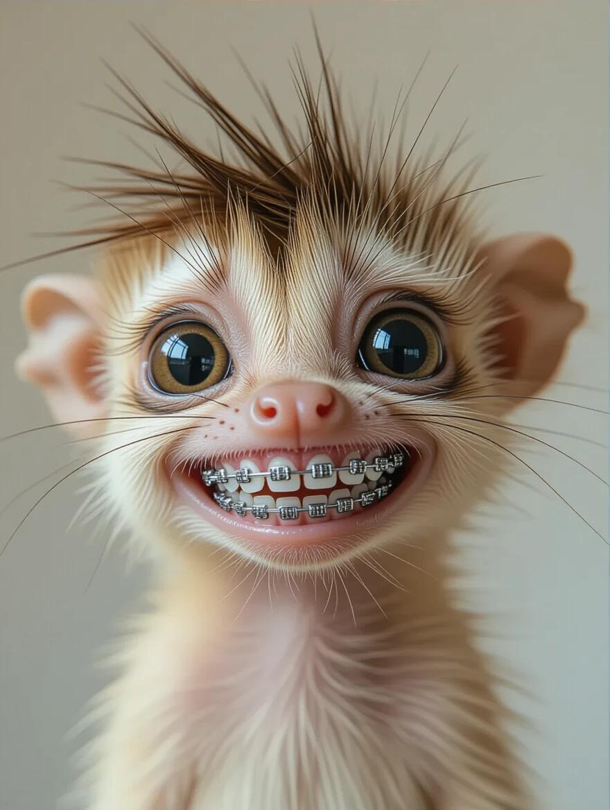 Close-up portrait of a thin creature with large eyes. The creature wears metal braces on its teeth. Sparse and disheveled hair sticks up from its head. Expression shows a shy, awkward smile. Positioned close to the camera against a neutral background with soft lighting.