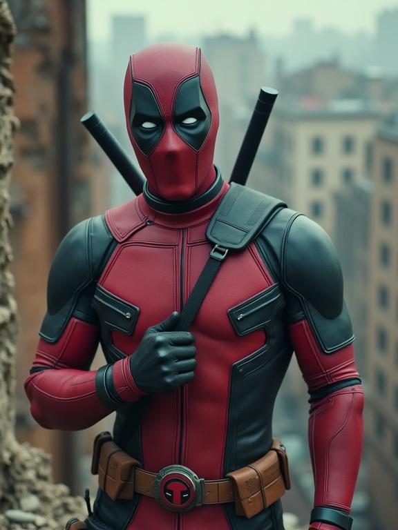 Medium close-up ultra realistic image of a superhero on a rooftop. Character wearing a red and black suit with a mask. Engaging directly with the camera. Background features crumbling architecture and a ruined cityscape. Natural soft lighting enhances mood.