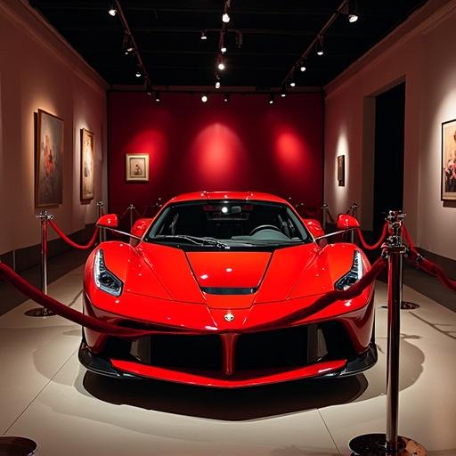 A supercar with a jet theme featured inside velvet ropes. The setting is a car museum with dim lighting and spotlight on the vehicle.