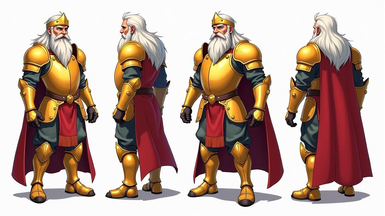 A fantasy illustration of a royal knight with white hair, golden armor, red cape, and a crown, viewed from multiple angles.