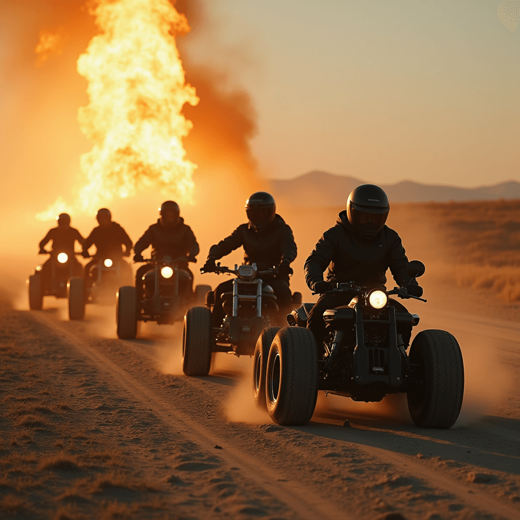 A group of riders on quad bikes race along a dirt trail at sunrise, silhouetted against a towering burst of flames in the desert.