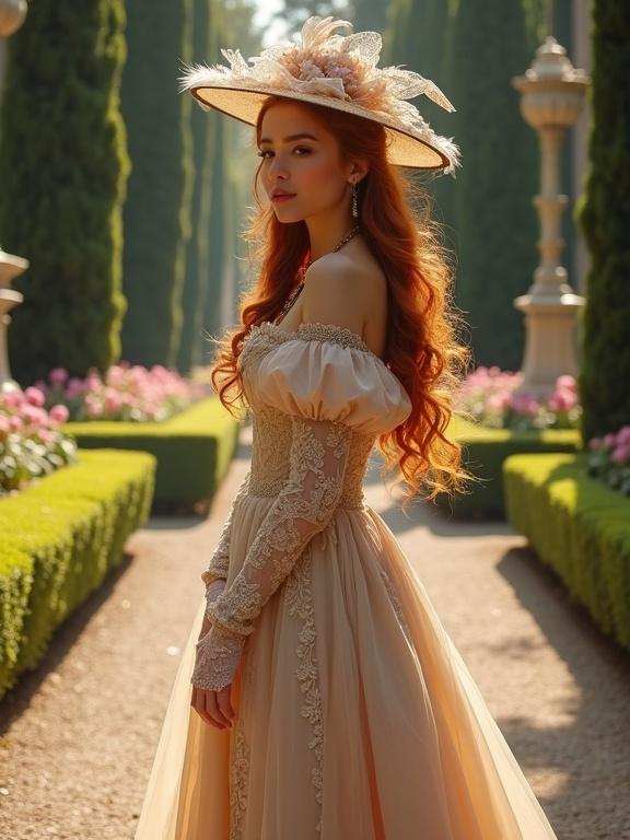 Young woman in an exquisite vintage-inspired gown stands in a garden. Her long wavy red hair flows gracefully. The gown features intricate lace and a full skirt. She wears a wide-brimmed ornate hat and lace gloves. The garden pathway is lined with trimmed hedges and blooming flowers. Marble fountains are visible in the background. Soft sunlight enhances the scene's beauty.
