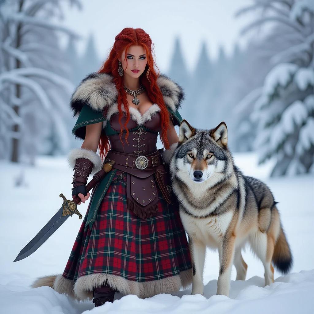 Giant red-headed Barbarian woman in a kilt stands in snow beside a wolf companion. The scene captures a fantasy essence in a wintery landscape.