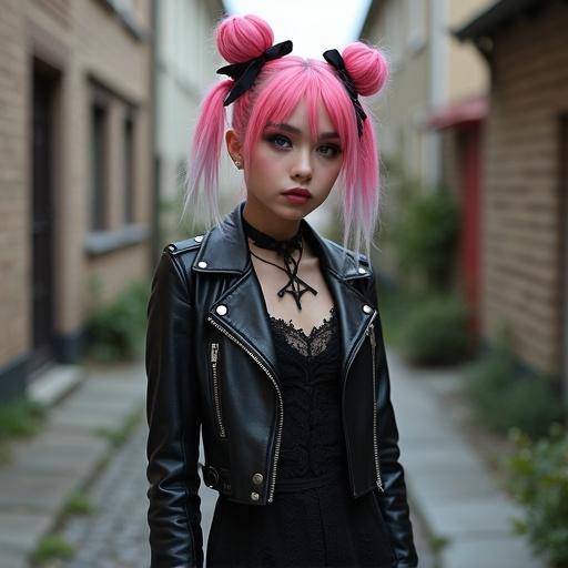 Strikingly cute east European goth punk woman with large size chest age 20-21 beautiful light hazel eyes dark eyeliner colorful hair tied with black ribbons two loose buns standing in front of Americanized neighborhood alleyway wearing black leather studded biker jacket lace short skirtdress cool punk goth rings on manicured hands.